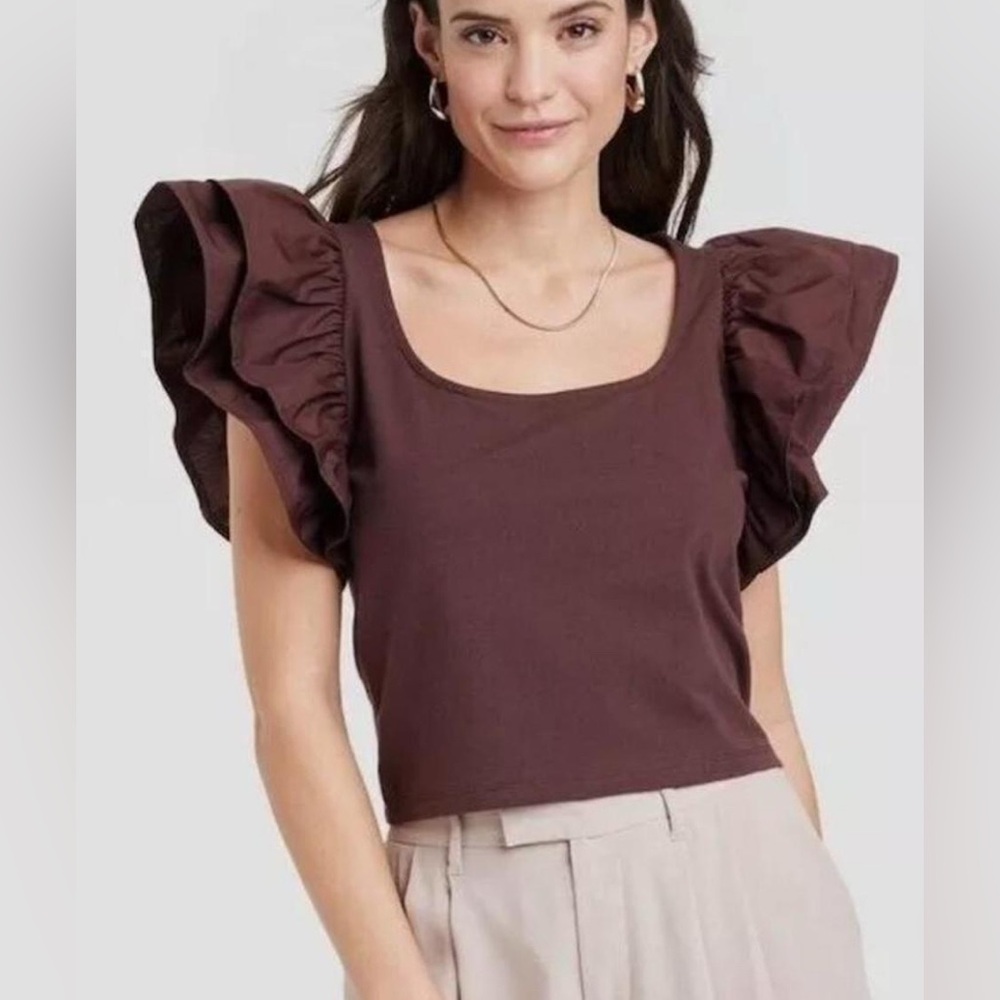 A New Day Red Flutter Sleeve Ruffled Blouse
